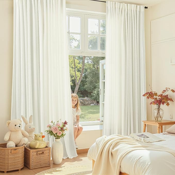 Cream Colored Shabby Chic Curtains 84 inches Long 2 Panel Set for Living Room Back Tab Semi Sheer Boho Farmhouse Curtain Cute Furry Nursery Bedroom Drapes Elegant Aesthetic Room Decor Ivory White