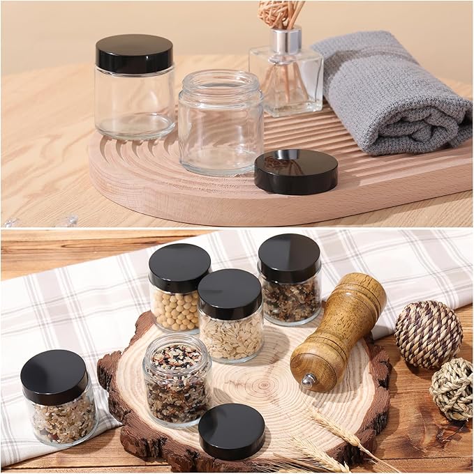Norme 4 oz Glass Jars with Lids Leakproof Round Airtight Empty Cosmetic Jars with Inner Liners Lid for Storing Lotions Powder Ointments Making Tins(24 Pcs,Black, Clear)