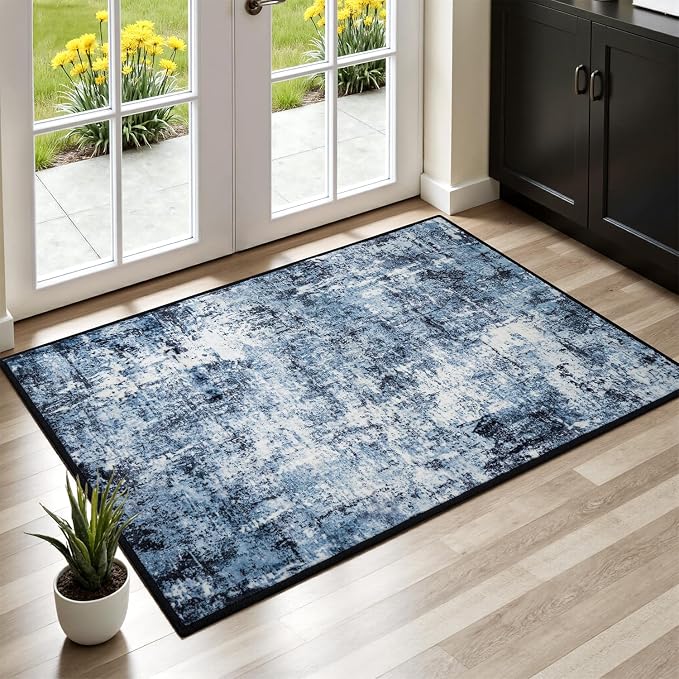 Rugflix 2x4 Entrance Rugs, Entry Rug Washable Non-Slip Stain-Resistant Low Pile Small Modern Dark Carpet, for Living Room Bedroom Indoor, Navy Blue/Black