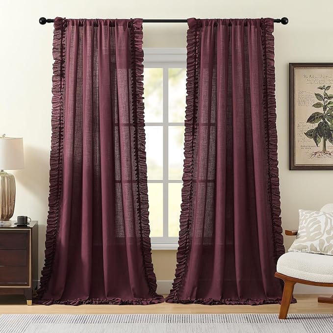 Burgundy Ruffle Curtains 63 Inch Length, 2 Panels, W47 x L63 Inch, Linen Textured Scalloped Farmhouse Curtains for Bedroom, Rod Pocket Privacy Light Filtering Semi-Sheer Linen Christmas Flowy Curtain