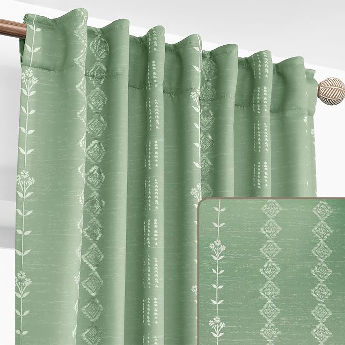Sage Green Cottage Core Curtains 63 Inch Length for Bedroom 2 Panel Set, Light Green Floral Striped Patterned Semi Blackout Boho Cottagecore Curtains for Living Room Nursery, 63 Inches Long