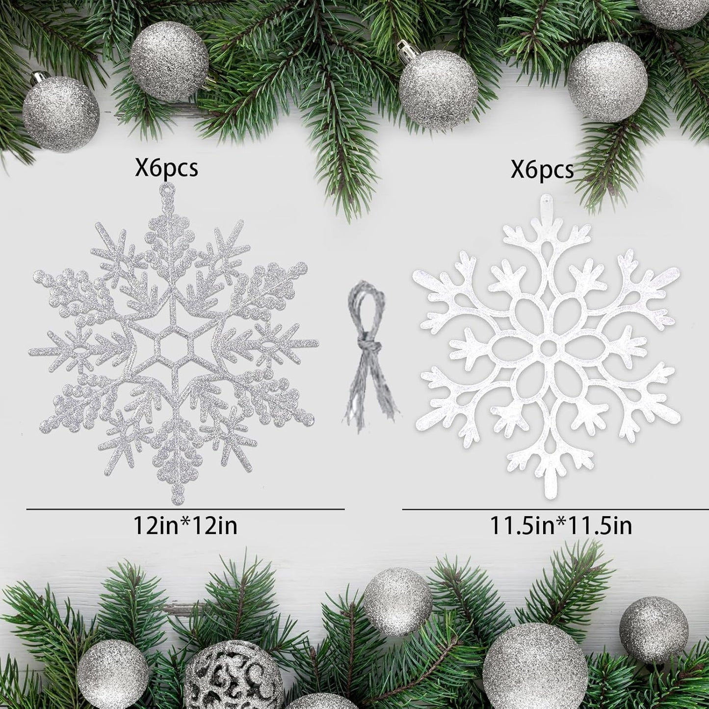 12pcs Large Christmas Snowflakes Decorations, 12" Big Plastic Glitter White Sliver Snowflake Ornaments for Winter Indoor Outdoor Christmas Tree Holiday Window Room Decor Craft Snowflakes