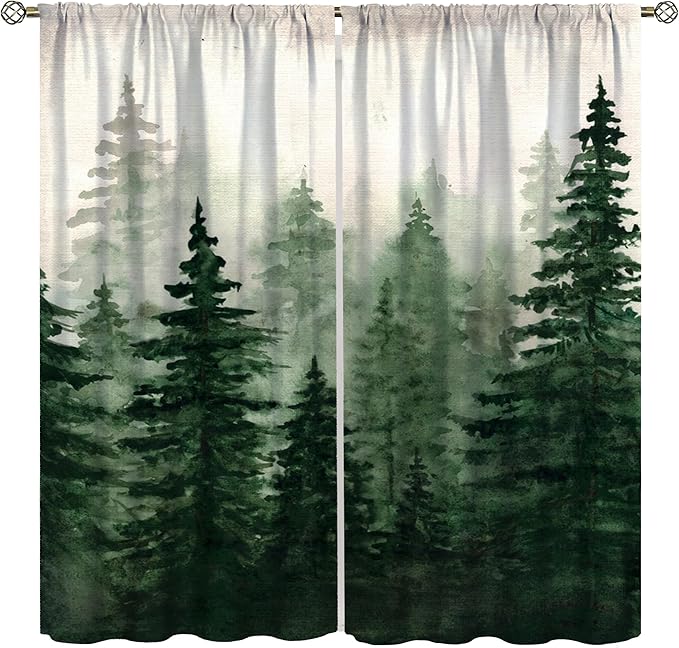 Watercolor Forest Blackout Curtains for Bedroom,Vintage Rustic Watercolor Green Misty Nature Forest Tree Tree Plant Print for Kids Boys Girls Living Room Bathroom 72x63in