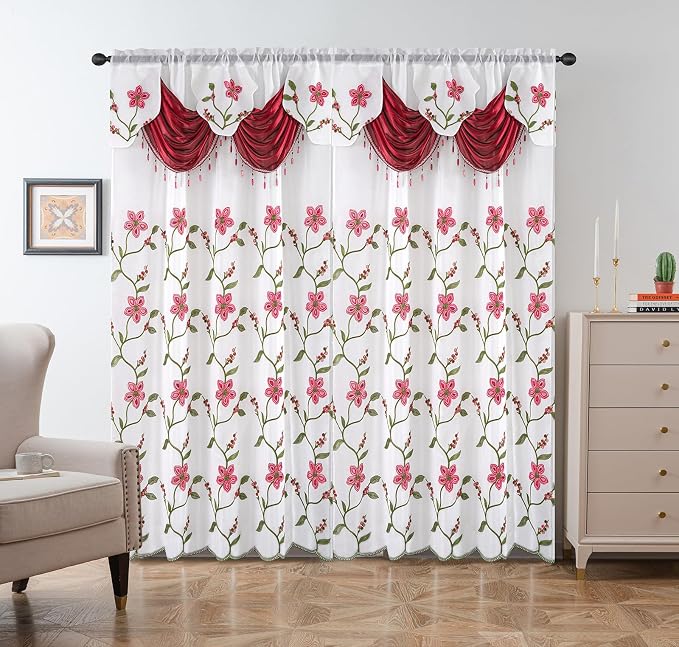 Petrichor Embroidered Sheer Curtain 2 Panels Set - Luxury Window Curtain Attached Valance with Satin Backing and 2 Tie Backs for Living Room,Dining Room, 54x63 inches, Burgundy