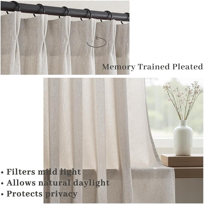 96 Inches Long Pinch Pleated Semi Sheer Curtains,Oatmeal Linen Blended Light Filtering Window Curtains 96 Length for Living Room Bedroom Pinch Pleat Drapes with Hooks 2 Panels 72" Wx96 L