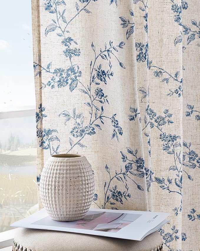 jinchan Blue Floral Linen Curtains 90 Inch French Country Back Tab 2 Panels | Flower patterned drapes, farmhouse, printed, light filtering, bedroom, living room, kitchen, window treatment, rod pocket