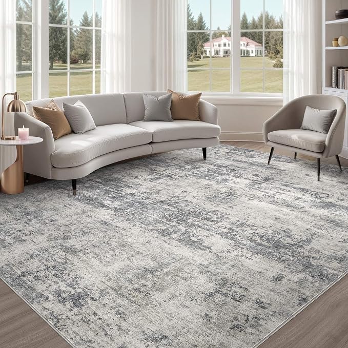 Abstract 8x11 Area Rug: Machine Washable Non Slip Ultra Thin Low-Pile Carpet, Soft Stain Resistant for Living Dining Room Bedroom, Kid Pet Friendly, Robot Vacuum Compatible - Dark Grey/Beige