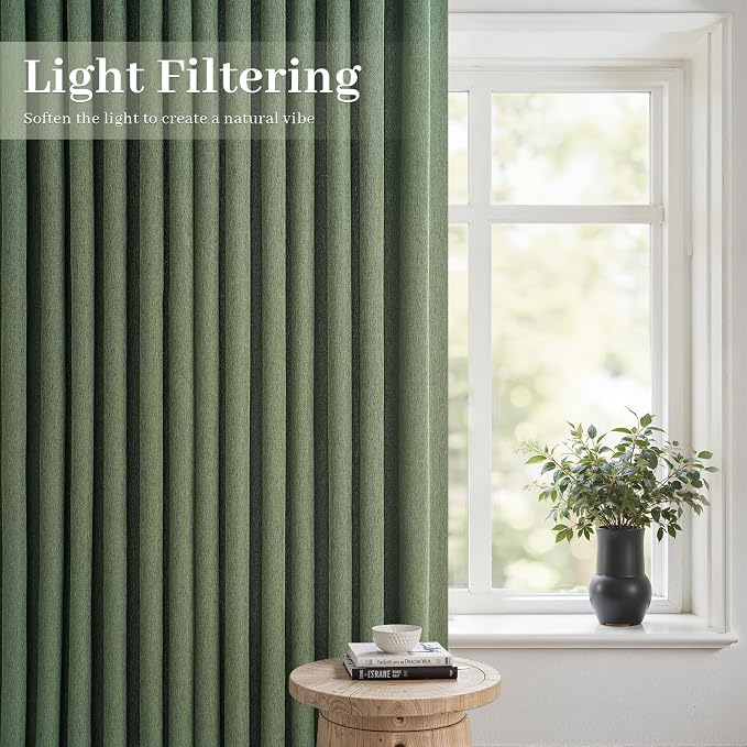 Olive Green Pleat Memory Shape Linen Curtains 90 Inch Length 2 Panels for Living Room, Cottagecore Farmhouse Loden Light Filtering Moss Office at Home Sheer Curtains 40"x90" Long