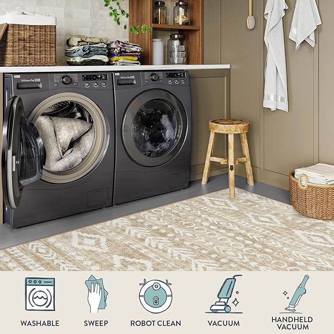 Lahome Boho Geometric Washable Runner Rug, 2x6 Low-Pile Tan Long Bathroom Runner Rug Non Slip Washable, Rustic Print Pattern Soft Bedroom Carpet Runner 6ft for Entryway Laundry Room Varena