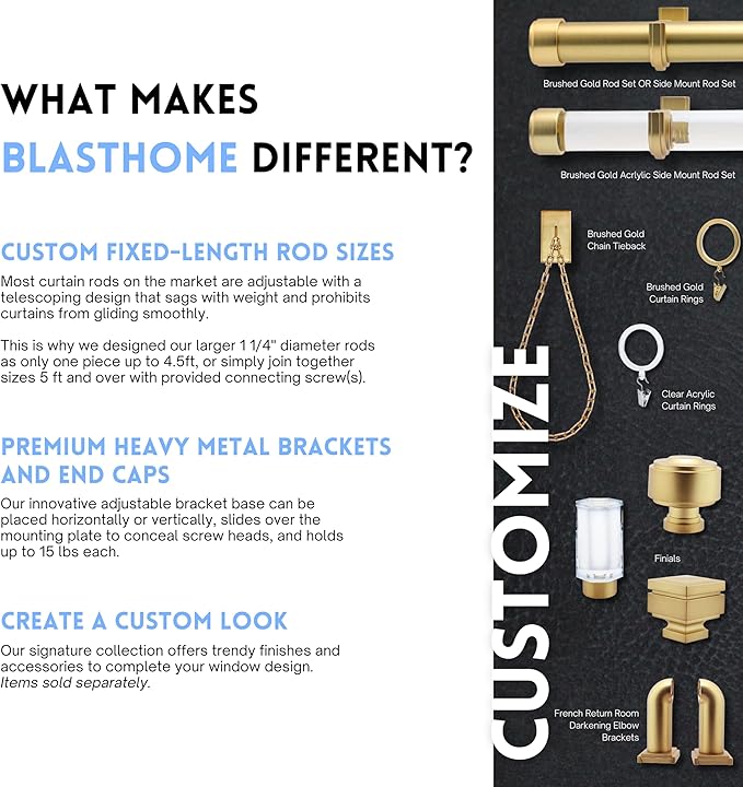 BlastHome® Non-Adjustable Luxury Curtain Rods for Windows, 1 ¼” Rod Set, 5 foot Fixed Length (Two Rods Connect for a Seamless Look), Brushed Gold