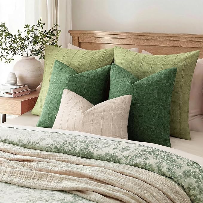 Foindtower Set of 2 Decorative Linen Check Throw Pillow Covers Neutral Farmhouse Vintage Cushion Covers Modern Boho Accent Home Decor for Sofa Chair Couch Bedroom Living Room,18×18 Inch,Forest Green