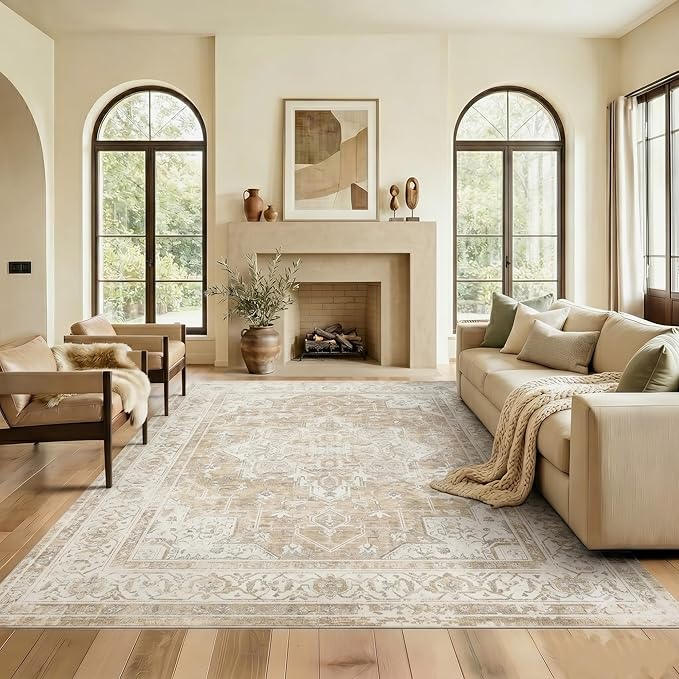 5x7 Area Rug for Living Room-Vintage Farmhouse Boho Floral Neutral Washable Stain Resistant Indoor Carpet for Bedroom Office and Home Decor(Beige&Brown)