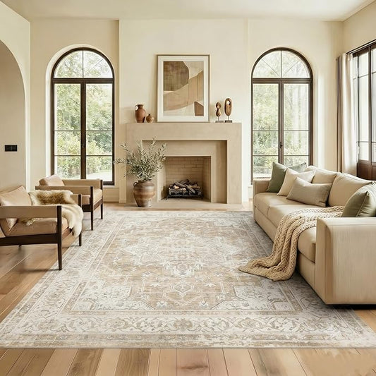 5x7 Area Rug for Living Room-Vintage Farmhouse Boho Floral Neutral Washable Stain Resistant Indoor Carpet for Bedroom Office and Home Decor(Beige&Brown)