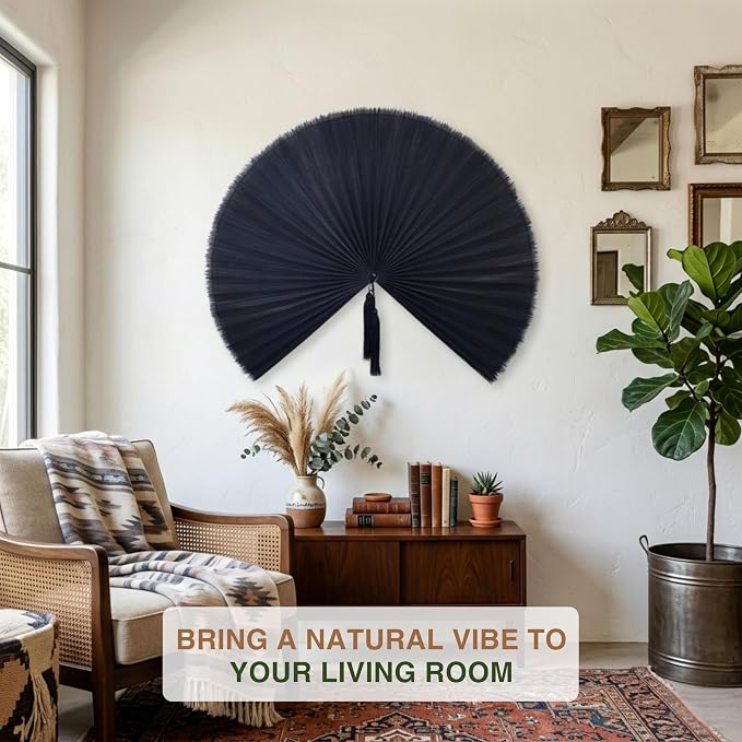 SUCHUBU Large Wall Fan Decor, 47" Handcrafted Bamboo Hanging Fan, Japanese Style Wall Art, Aesthetic Asian Decor for Fireplace, Natural Boho Wall Accent, Hanging Loop Included (Black, Large)