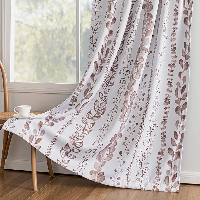 MEETSKY Brown Blackout Curtains for Bedroom, Thermal Insulated Privacy Protection Back Tab Curtains 95 Inches Length for Living Room, Leaf Pattern, 2 Panels, 50" Wide Each