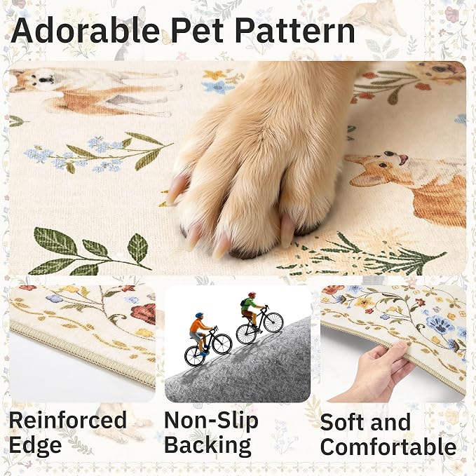 Soalmost Dog 8x10 Area Rugs for Living Room, Machine Washable Animal Floral Vintage Rug Non-Slip Low Pile Soft Throw Large Rugs for Classroom Bedroom Dining Room Nursery Playroom (8 x 10,Beige)