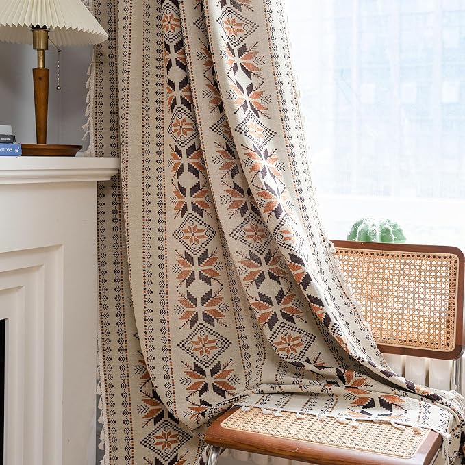 Boho Curtains 96 Inch Length 2 Panels Geometric Patterned Drapes Bohemian Semi Sheer Rod Pocket Tassel Window Curtain Panels for Bedroom Living Room Farmhouse Coffee Brown Vintage Rustic Curtains