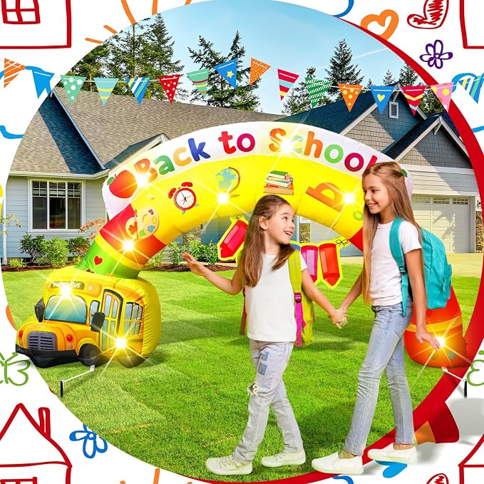 VIHOSE Back to School Inflatable Rainbow Arch, 6.5 FT Width Welcome Arch with School Bus Crayon Design,Built in LED Lights for Entrance Classroom Party