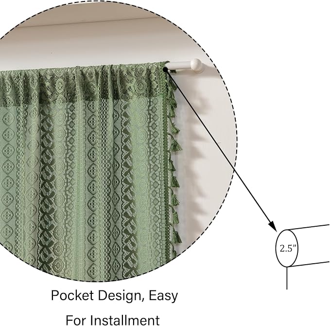 Sutuo Home Olive Green French Door Curtains for Front Glass Door & Sidelights, Semi Sheer Farmhouse Bohemian Rustic Tassels Vintage Privacy Christmas Festival Decor, Rod Pocket 2 Panels 25" W x 72" L