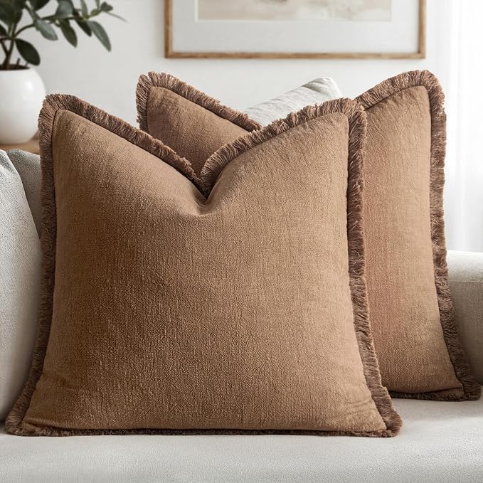 MIULEE Decorative Throw Pillow Covers Neutral Linen Fringe Throw Pillows Euro Shams Set of 2 Brown Boho Farmhouse Cushion Covers for Couch Sofa Bed Living Room Fall Home Decor 22x22 Inch