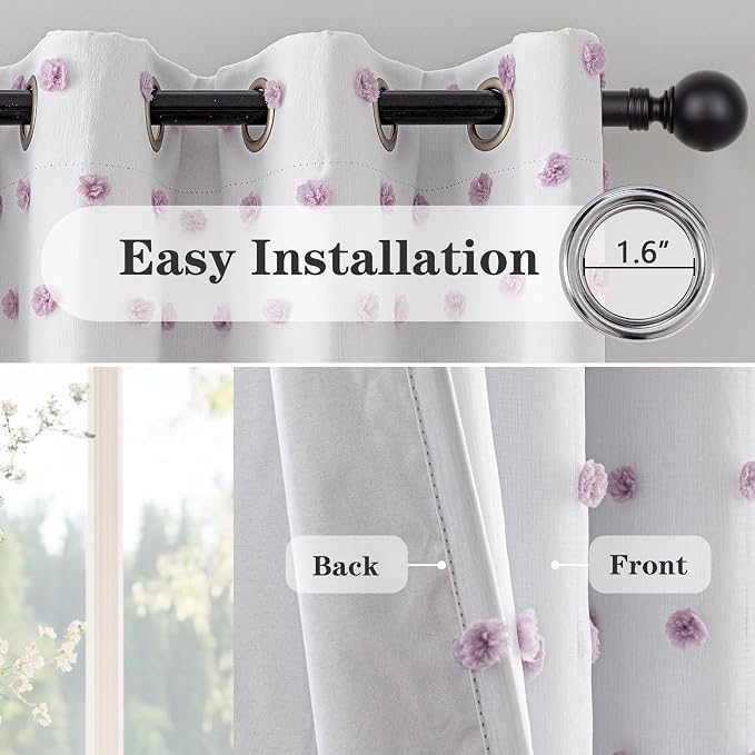 MEETSKY 100% Blackout Curtains for Nursery Bedroom 90 Inch Length 2 Panels, Total Light Blocking Curtains for Girls Room,Grommet Room Darkening Window Drapes with Purple Pom Pom Sheer 52W x 90L