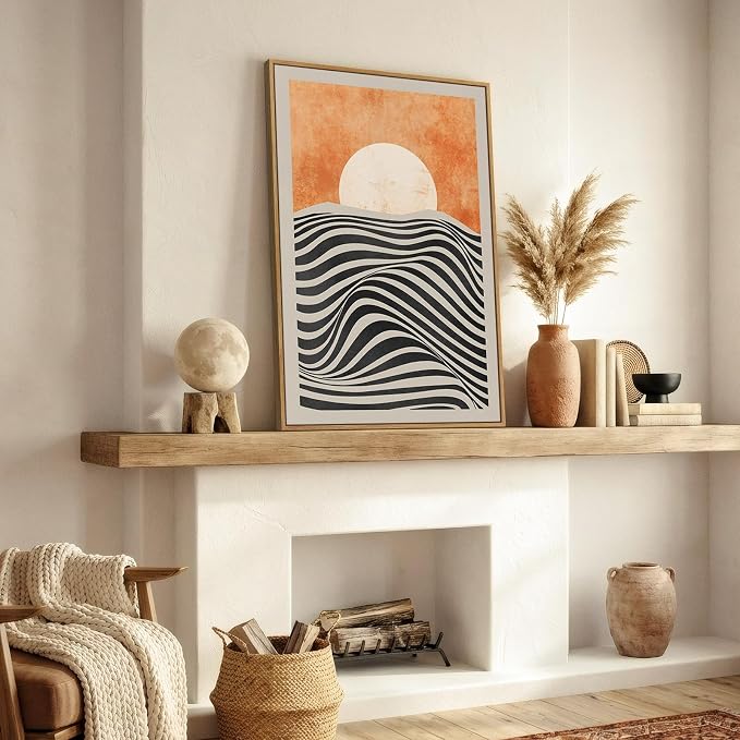 Framed Mid Century Modern Sunset Wall Art for Living Room, Abstract Boho Orange Sun Canvas Paintings Prints Artwork for Walls, Vertical Bohemian Pictures Wall Decor for Bedroom Home Office, 24x36 Inch