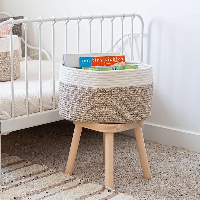 OrganiHaus Cotton Rope Basket for Shelf - Woven Storage Basket for Organizing, Closet & Toy Storage - Brown/Off-White - 15x9x10