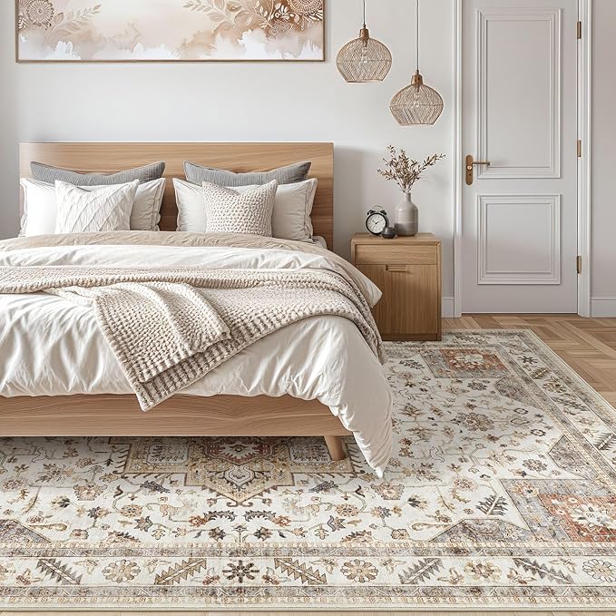 Vintage Living Room Area Rug 7x9 - Large Soft Washable Oriental Traditional Distressed Farmhouse Rugs for Bedroom - Indoor Floor Accent Carpet for Home Office House Decor - Golden Taupe