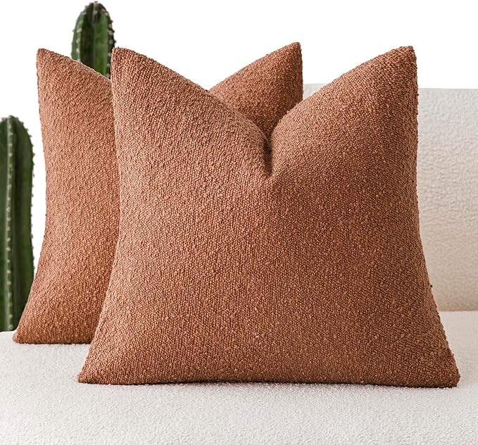 Foindtower Set of 2, Decorative Textured Boucle Throw Pillow Covers Accent Solid Pillow Cases Cozy Soft Couch Cushion Case for Chair Sofa Bedroom Living Room Home Decor 24x24 Inch Burnt Orange Hazel