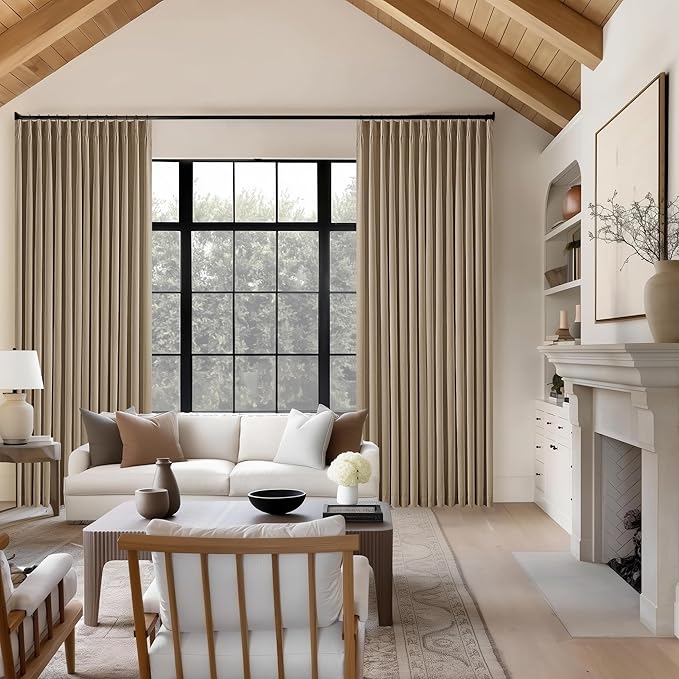 Light Brown Linen Blackout 120 Inch Curtains for Living Room 2 Panels Set Pinch Pleated Back Tab Drapes Farmhouse Thermal Insulated Full Black Out Curtains 120 Length High Ceiling to Floor 40x120