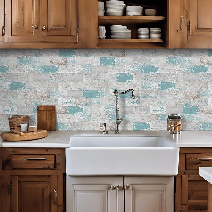 DEWOO Peel and Stick Wall Tile Backsplash PVC Self Adhesive Tiles for Kitchen Bathroom Turquoise Teal (10-Sheet, 13.5" x 11.4")
