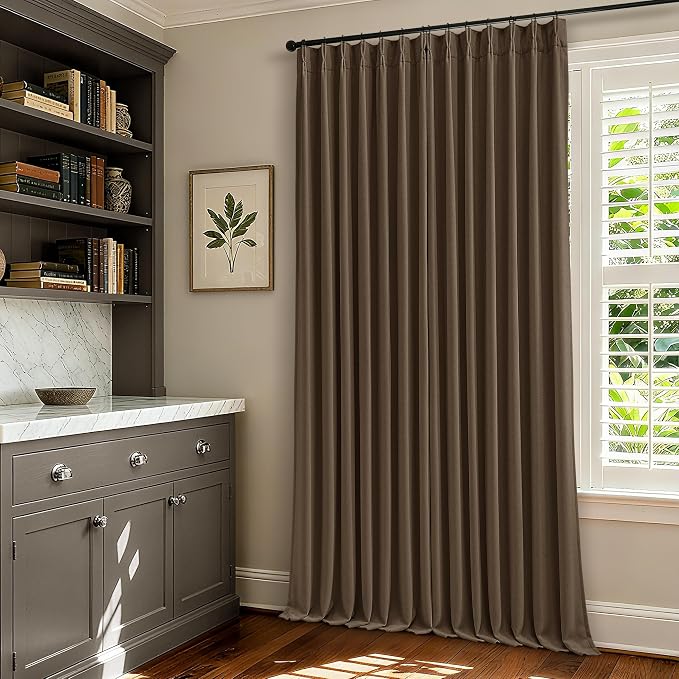 120 Inch Pinch Pleat Drapes Brown Room Darkening Curtains 120 Inches Long for Bedroom Rustic Cottagecore 100% Blackout Thick Linen Double Layer Pleated Curtain 2 Panels Set Dutch Cocoa Decor