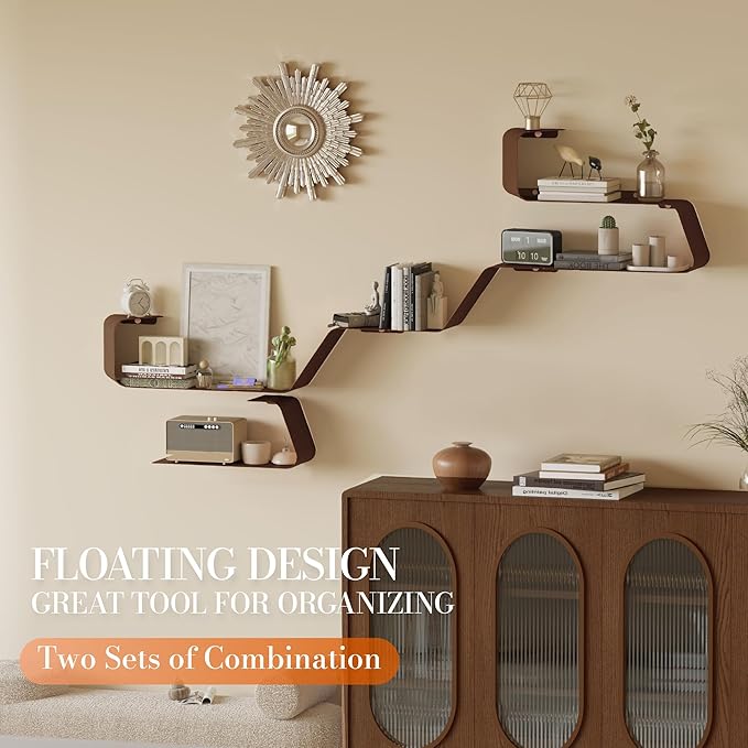Sttoraboks Floating Wall Shelves Set of 3, Metal Mounted Shelf with Unique Design, Bookshelf for Storage & Display in Bathroom, Bedroom, Kitchen, Living Room, Brown Home Decor