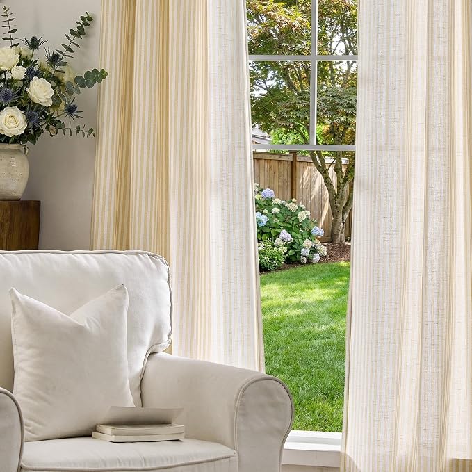 jinchan Linen Curtains 84 inch Yellow Stripe on White Grommet 2 Panels | Curtains for Living Room Bedroom,Ticking Vertical Stripe Pattern,Modern Farmhouse Drapes, Window Treatment,Light Filtering