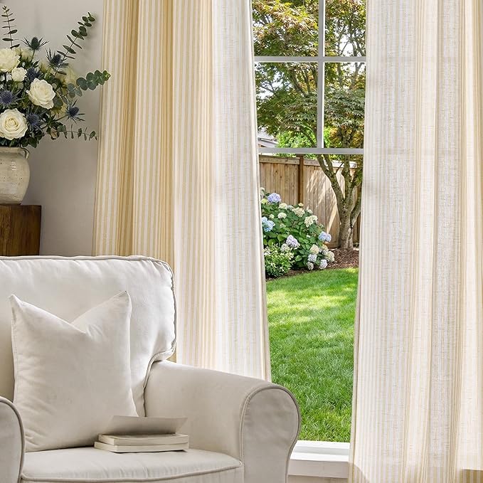 jinchan Linen Curtains 96 inch Yellow Stripe on White Grommet 2 Panels | Curtains for Living Room Bedroom,Ticking Vertical Stripe Pattern,Modern Farmhouse Drapes, Window Treatment,Light Filtering