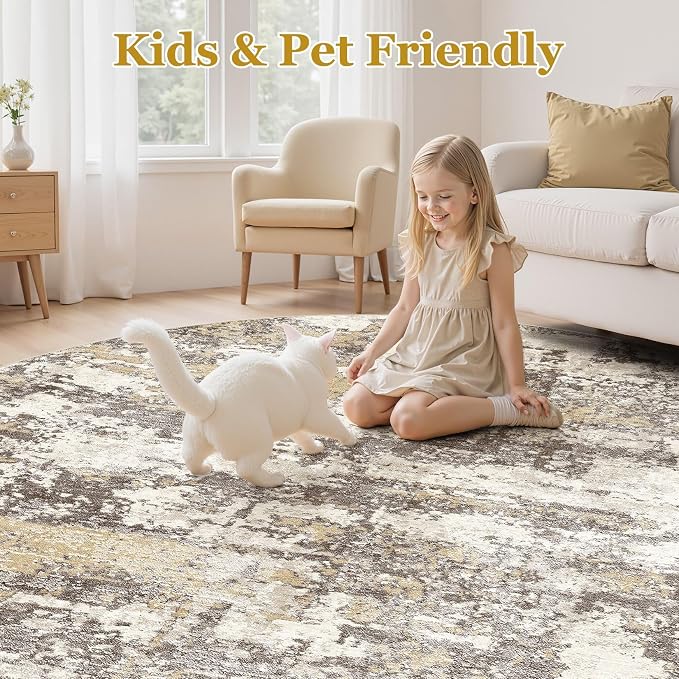 Area Rugs for Living Room: 12x12 Abstract Washable Rug Modern Neutral Large Soft Stain Resistant Non-Slip Backing Machine Table for Bedroom Dining Room Indoor Home Office Carpet - Gold Brown