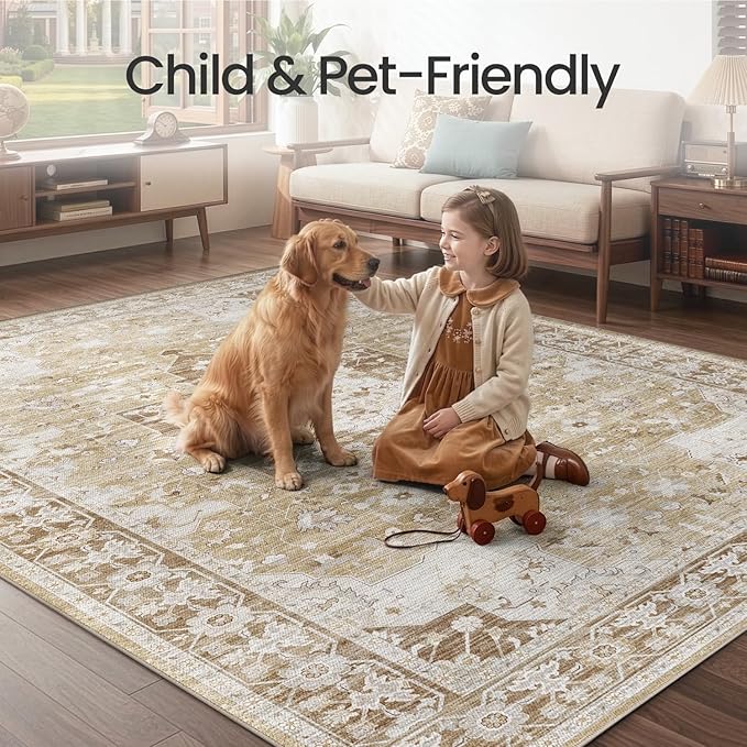 DEXI Washable Area Rug for Living Room 10x14, Vintage Farmhouse Soft Indoor Large Rugs, Stain Resistant Low Pile Carpet with Non Slip Backing for Dining Bedroom Office, Beige