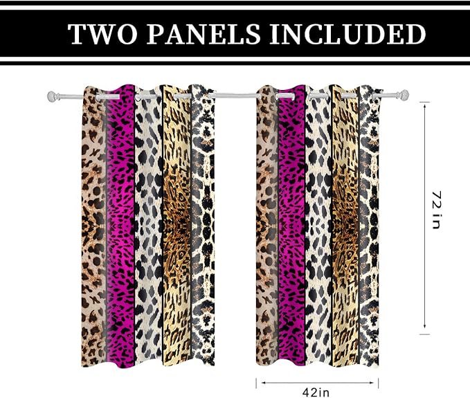 Wild Animal Print Curtain, Room Darkening Thermal Insulated Blackout Leopard Boa Window Drapes with Grommets for Living, Dining, Bedroom, Hot Pink Leopard Print, 42"x 72", 2 Panels