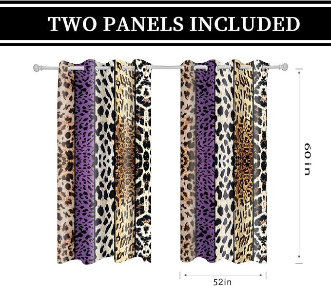 Wild Animal Print Curtain, Room Darkening Thermal Insulated Blackout Leopard Boa Window Drapes with Grommets for Living, Dining, Bedroom, Purple Leopard Print, 52"x 60", 2 Panels
