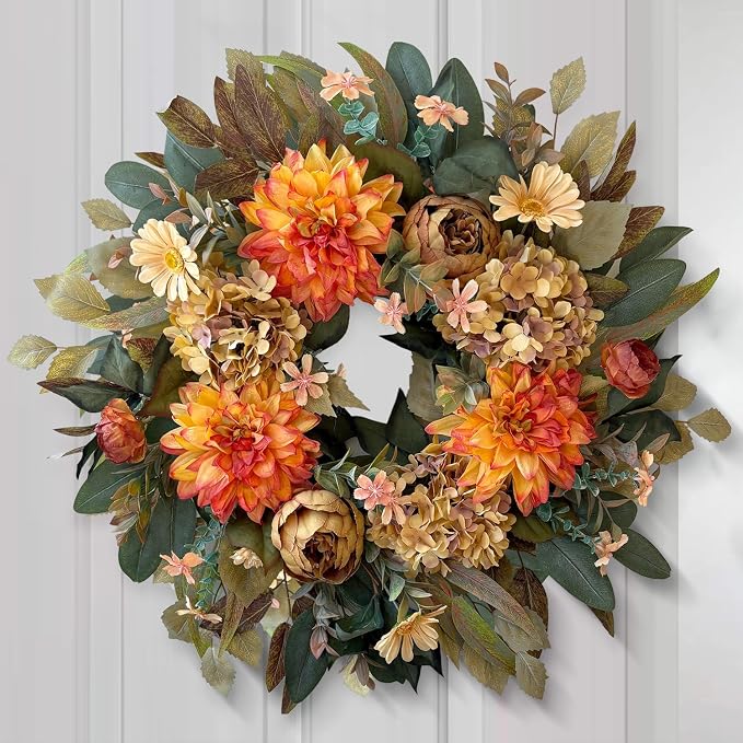 WANNA-CUL 24in Fall Front Door Wreath Dahlia Hydrangea Peony Table Decor | Twig-base autumn wreath with storage box for yearly reuse, ideal Thanksgiving indoor & covered outdoor seasonal gift