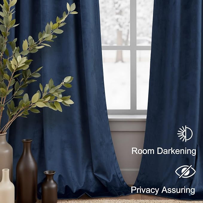 Navy Blue Velvet Curtains 90 Inches Long 2 Panels Luxury Decorative Window Treatment Drape Living Room Darkening Thermal Patio Sliding Glass Door Curtain for Bedroom Dark Blue Indigo Vintage 90 Length