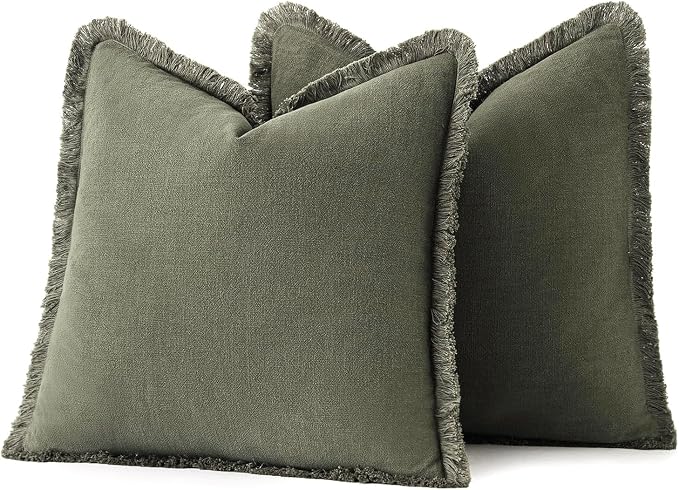 MIULEE Decorative Throw Pillow Covers Neutral Linen Fringe Throw Pillows Set of 2 Olive Green Boho Farmhouse Cushion Covers with Tassels for Couch Sofa Bed Living Room Spring Home Decor 20x20 Inch
