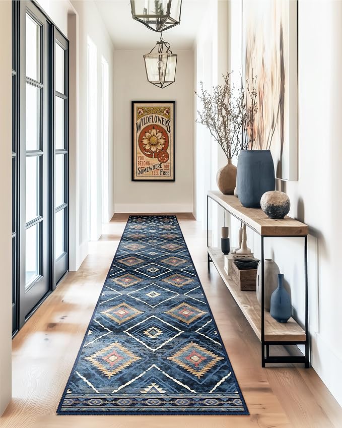 BESTSWEETIE Area Rug 2x10 Rug Machine Washable Non-Slip Low Pile Print Pattern Western Rug for Living Room Bedroom Entryway Tribal Series -Darkblue