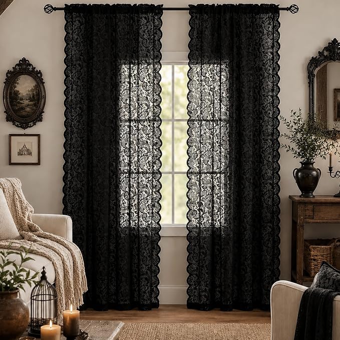 ALIGOGO Black Lace Curtains for Living Room, Luxury Gothic Curtains 84 inches Long, Boho Doorway Curtains Witchy/Goth Room Decor, Light Filtering & Privacy, 52 x 84 Inch, Black