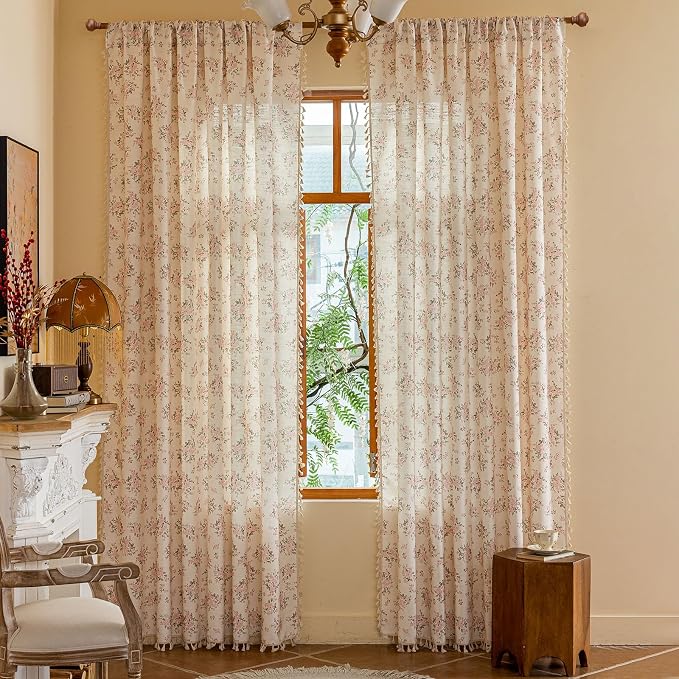 OYX Pink Boho Floral Curtains 63 Inch Long 2 Panels, French Vintage Farmhouse Patterned Decor Window Drapes with Tassels, Girls Semi-Sheer Light Filtering for Kitchen Bathroom (Rod Pocket, 52Wx63L)