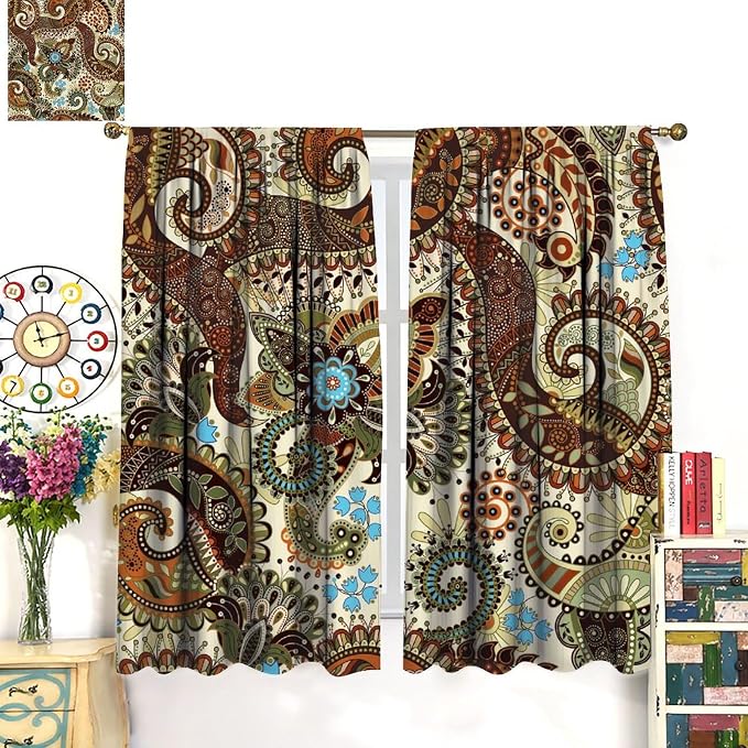 Boho Curtains, Abstract Pelis Boho Brown Vintage Floral Ethnic Tribal Blossom Print, Blackout Curtains for Bedroom Living Room63X72 Inch