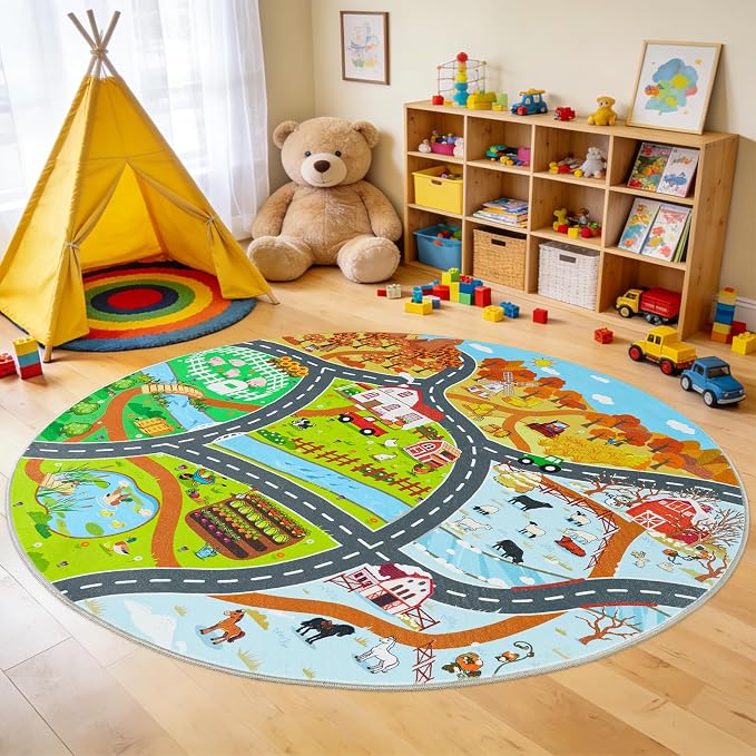 Kids Car Rug Play Mat for Toy Cars, Round 47" Town Country Barn Track Four Seasons Farm Traffic Carpet, Non-Slip Washable Area Rug for Kids Room Bedroom Play Area, Fun Learning Rugs for Children