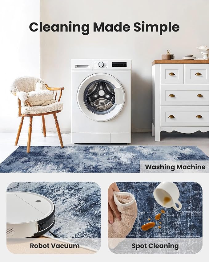 6x9 Area Rugs for Living Room, Modern Abstract Washable Rug with Non-Slip Backing & Low Pile Indoor Carpet for Nursery Room, Bedroom and Dinning Room, Dark Blue