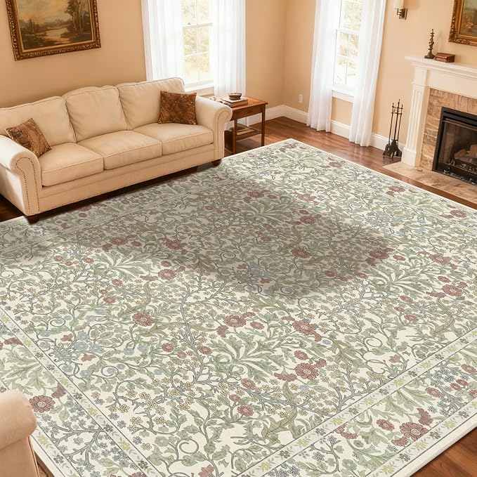 Vintage Light Green Living Room Rug, 9x12 Washable Area Rugs for Dining Room Under Table, Soft Low Pile Large Carpet Bedroom, Non-Slip Boho Floral (9 x 12 Light Green)