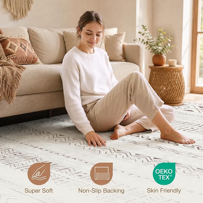 cotiled 7x10 Area Rugs Living Room Rug: Washable Boho Rugs with Non Slip Backing Large Soft Indoor Stain Resistant Carpet for Bedroom Farmhouse Dining Room Lightweight Home Decor L Brown/Cream